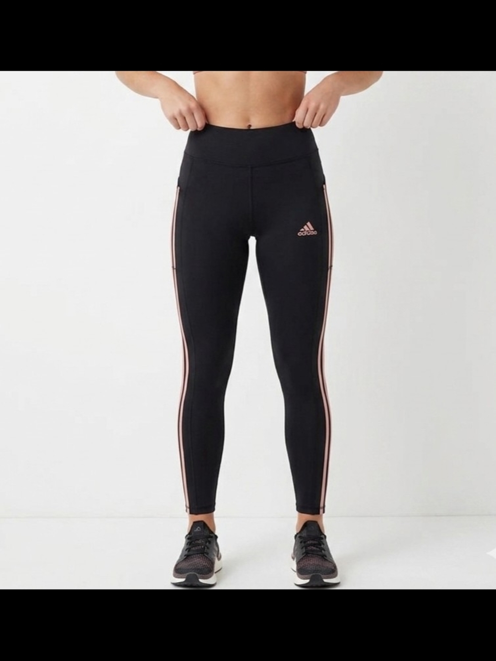 Adidas Big Girls Black High-Waist‎ Leggings with Pink Stripes